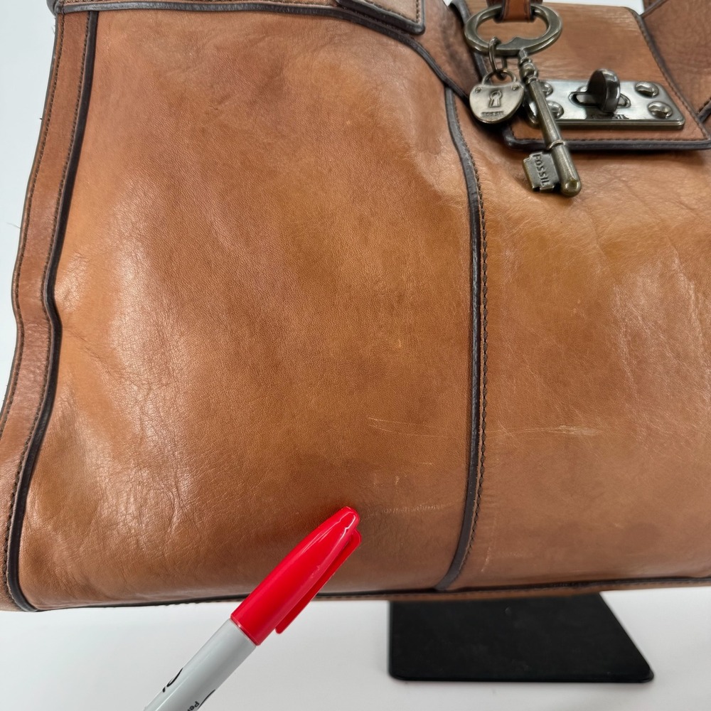 Fossil Long Live Vintage Leather Tote Bag Womens Brown Key Lock Satchel Handbag - Picture 8 of 16